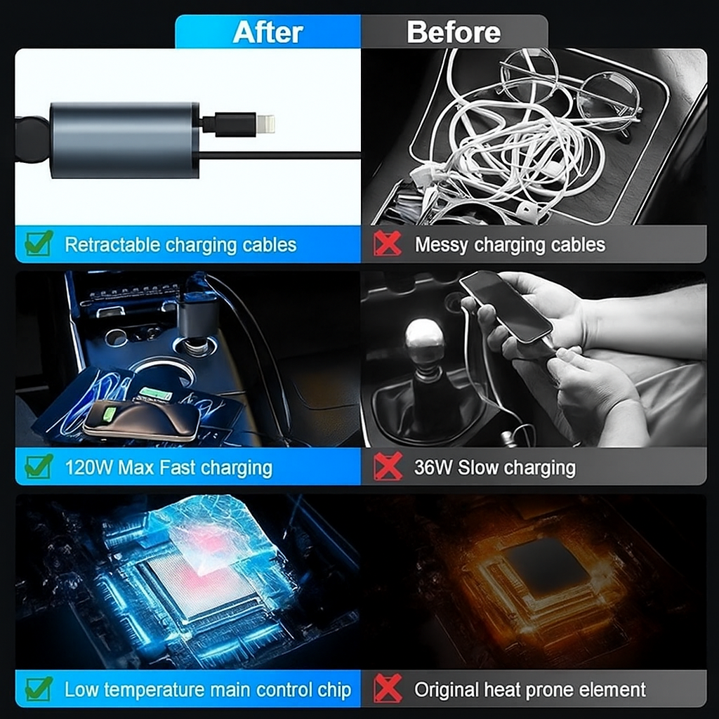 Q9 120W Retractable 4 in 1 Car Fast Charger | Type C + iOS | Retractable Car Phone Charger Compatible with Smart All Phones