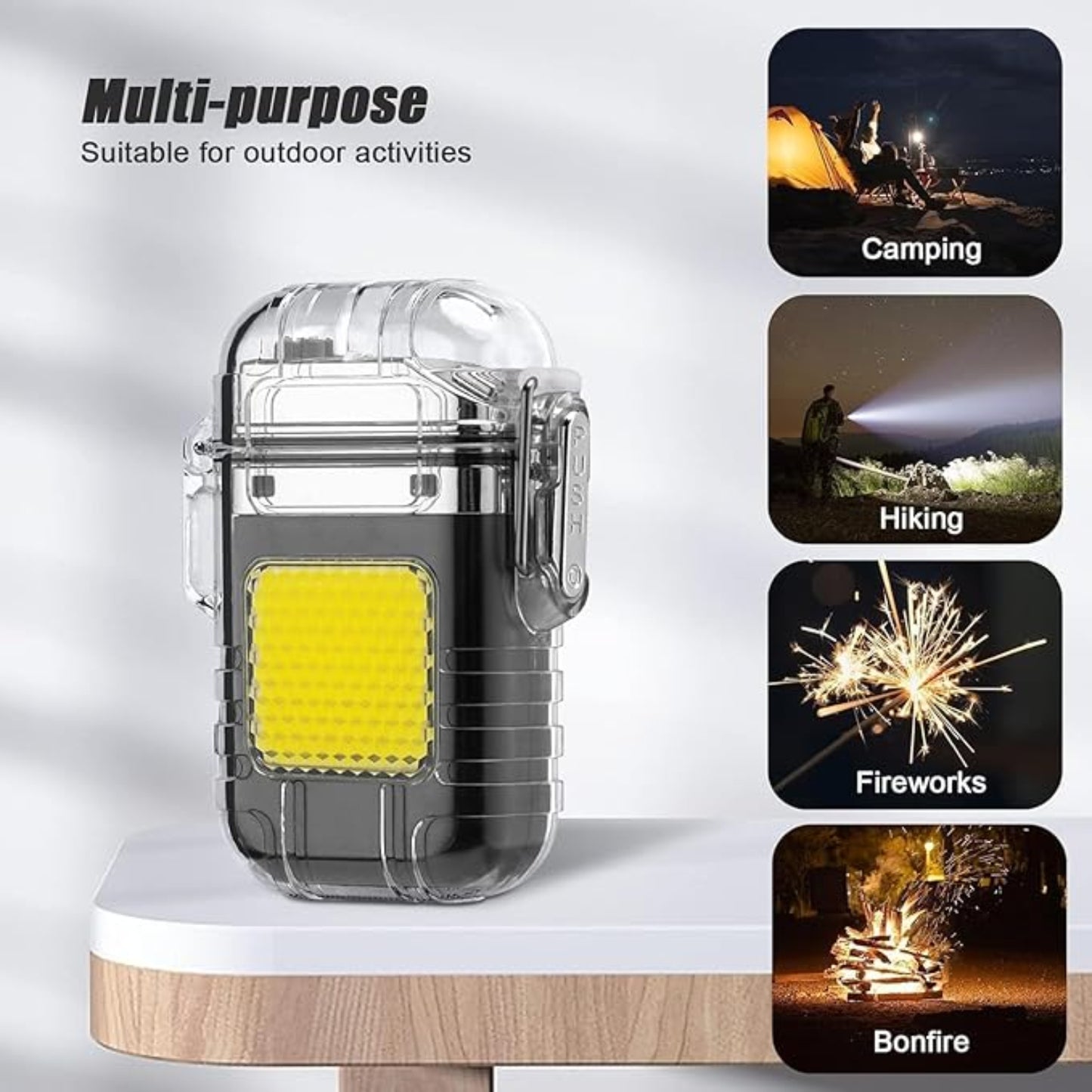 USB Rechargeable Electric Lighter with 3-in-1 COB Flashlight | Windproof, Flameless & Portable for Camping, Emergency & Daily Use.