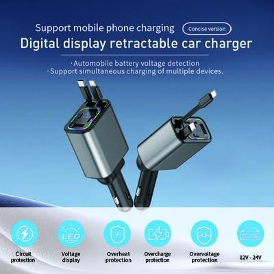 Q9 120W Retractable 4 in 1 Car Fast Charger | Type C + iOS | Retractable Car Phone Charger Compatible with Smart All Phones