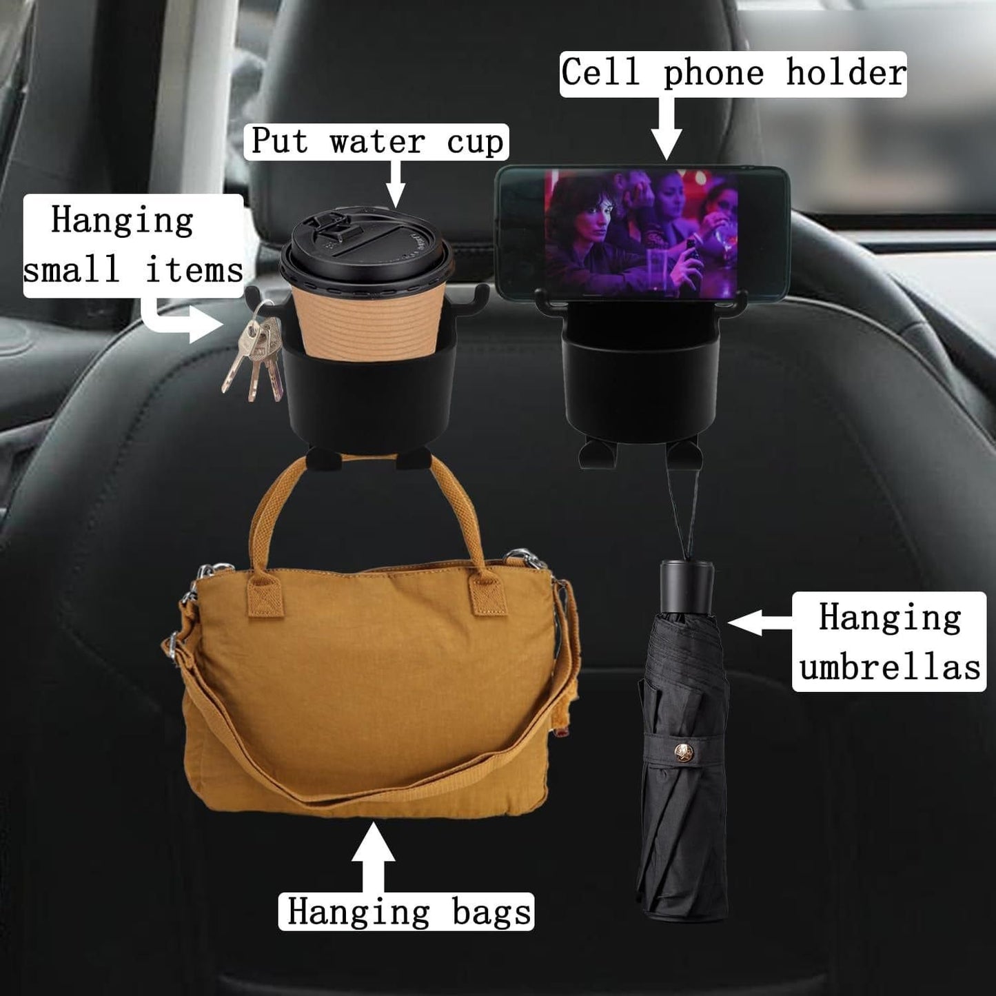 3-in-1 Car Seat Hook & Cup Holder | Hidden Hanger | Mobile Holder | Organizer & Drink Holder (2 PCS)