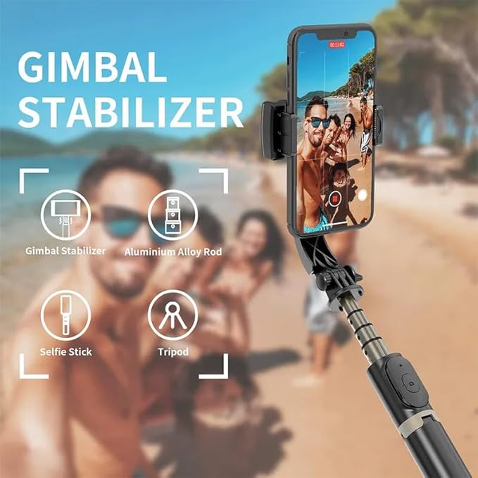 Q08 Mini Gimbal Anti-Shake 1-Axis STABILIZER Extendable Selfie Stick Tripod | Wireless Remote for Smartphone | Black