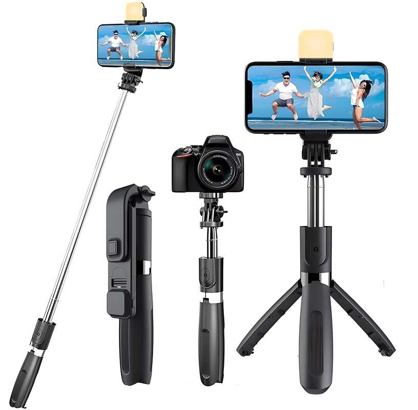 Extendable Flash 3-in-1 Selfie Stick Tripod with Bluetooth Remote | Rechargeable LED Light with Two Brighness Levels for Make up, Selfie, Vlogging & Photo Shoot