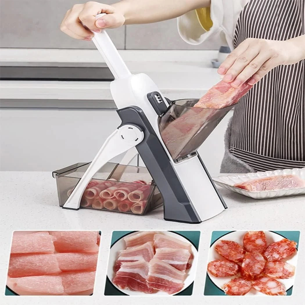 Multipurpose Slicer & Chopper with 30 cutting styles for slicing, dicing, grating veggies, fruits, and meat easily.