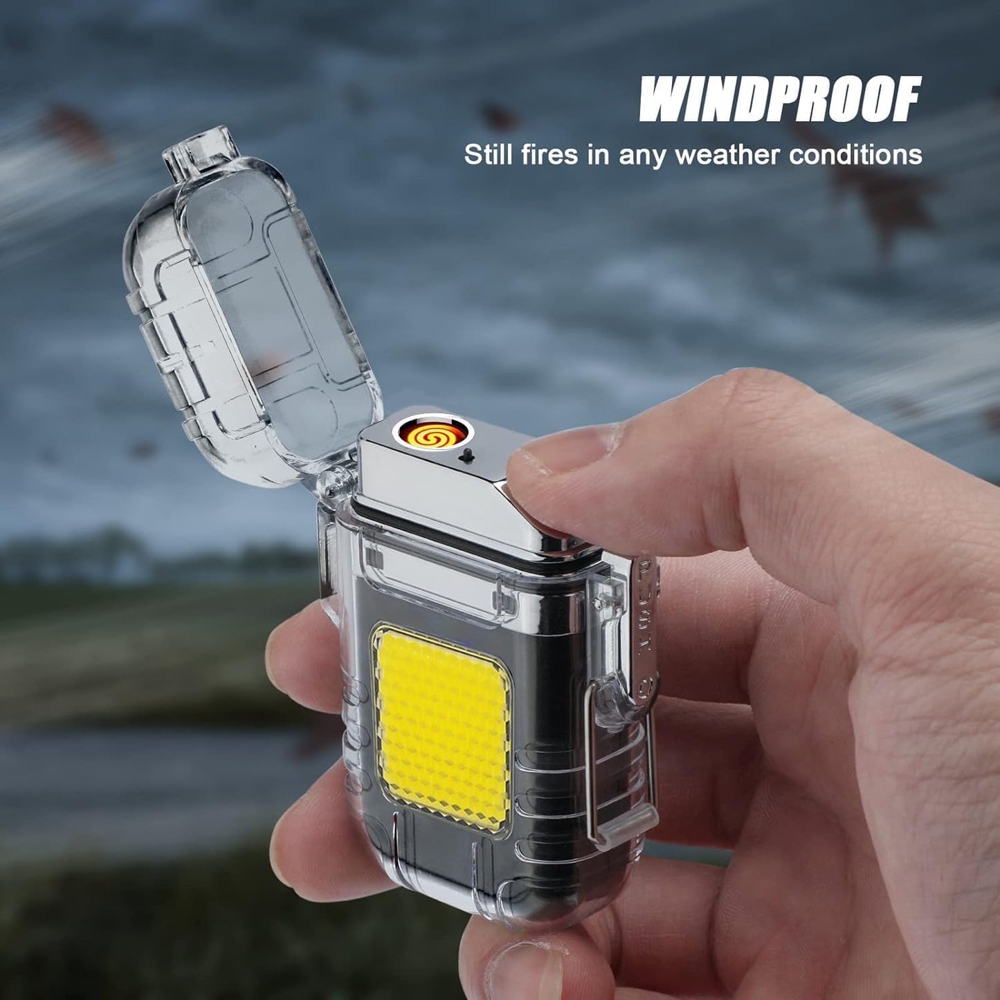 USB Rechargeable Electric Lighter with 3-in-1 COB Flashlight | Windproof, Flameless & Portable for Camping, Emergency & Daily Use.