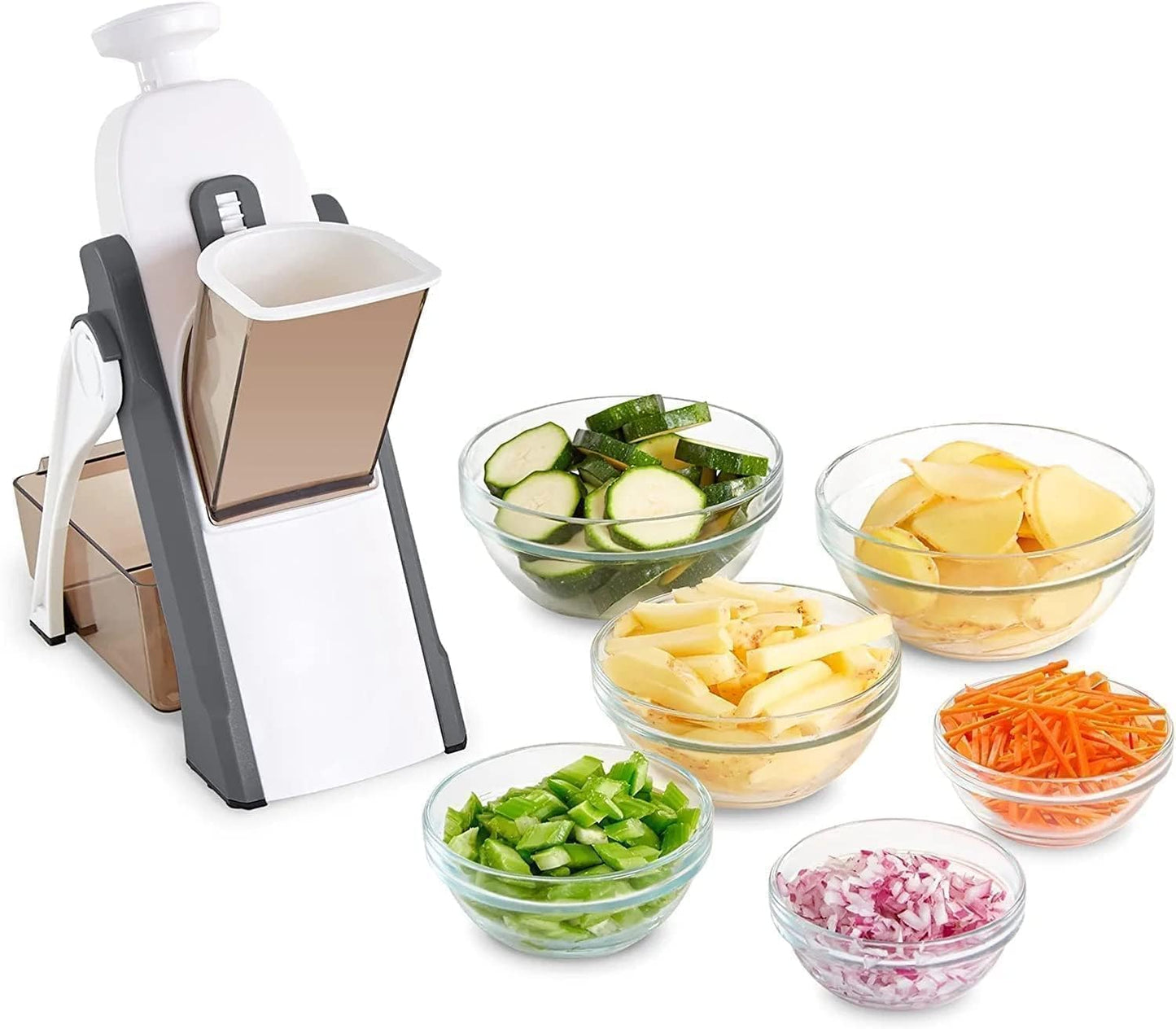 Multipurpose Slicer & Chopper with 30 cutting styles for slicing, dicing, grating veggies, fruits, and meat easily.