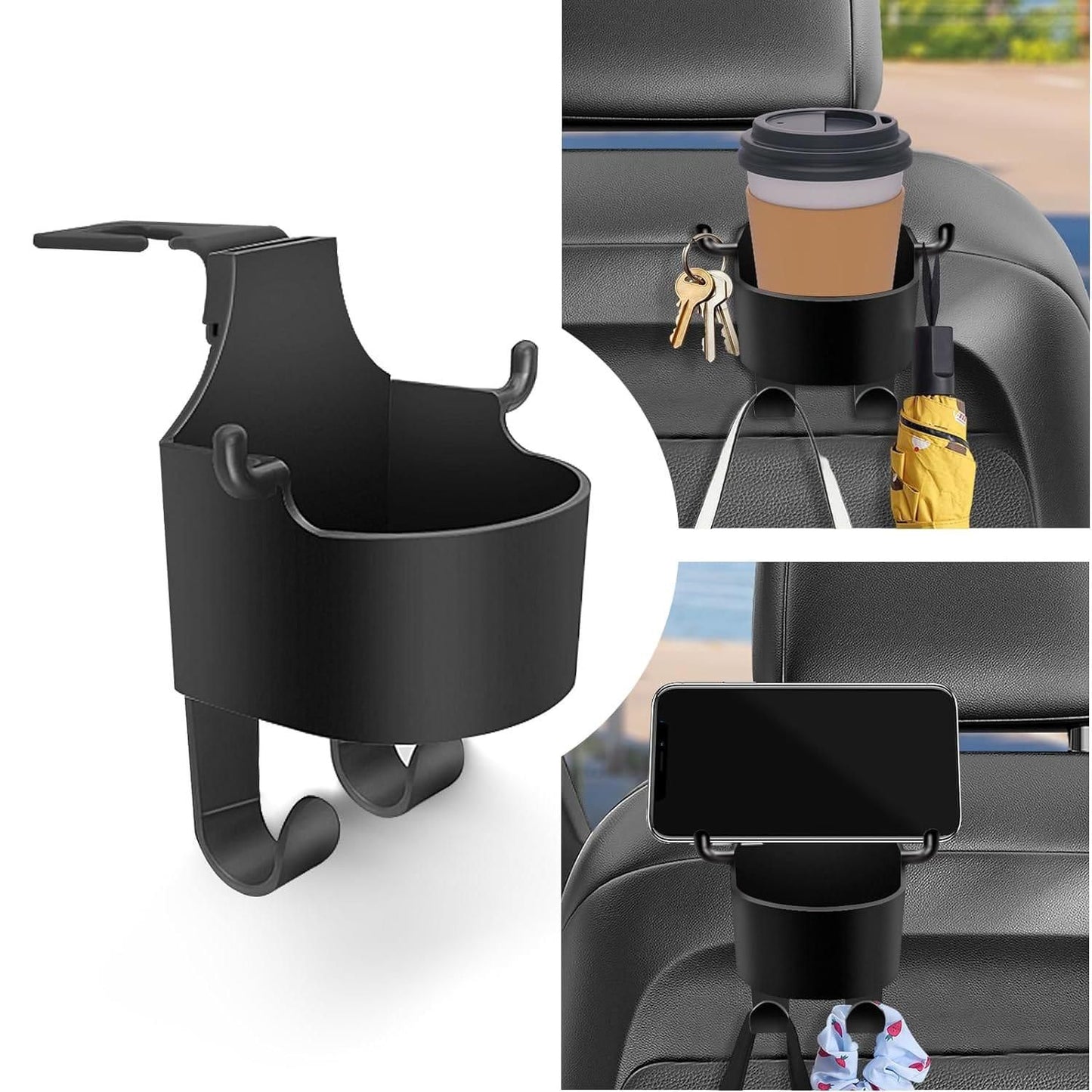 3-in-1 Car Seat Hook & Cup Holder | Hidden Hanger | Mobile Holder | Organizer & Drink Holder (2 PCS)