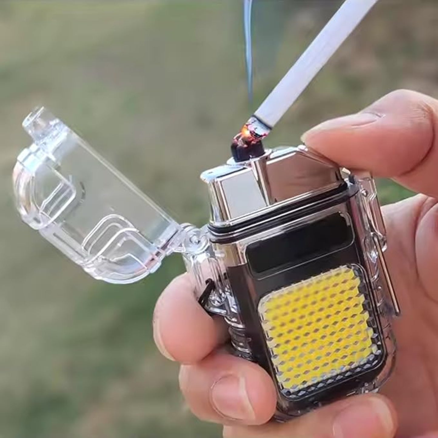 USB Rechargeable Electric Lighter with 3-in-1 COB Flashlight | Windproof, Flameless & Portable for Camping, Emergency & Daily Use.
