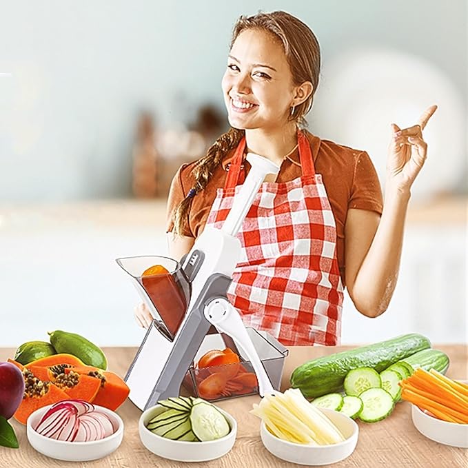 Multipurpose Slicer & Chopper with 30 cutting styles for slicing, dicing, grating veggies, fruits, and meat easily.