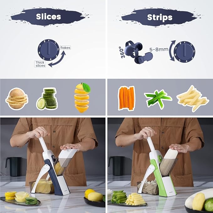 Multipurpose Slicer & Chopper with 30 cutting styles for slicing, dicing, grating veggies, fruits, and meat easily.