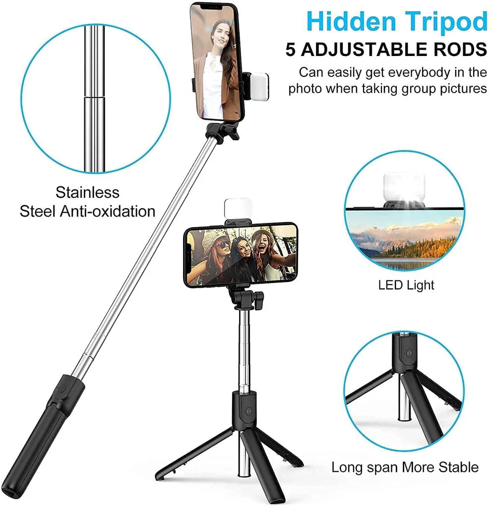 Extendable Flash 3-in-1 Selfie Stick Tripod with Bluetooth Remote | Rechargeable LED Light with Two Brighness Levels for Make up, Selfie, Vlogging & Photo Shoot