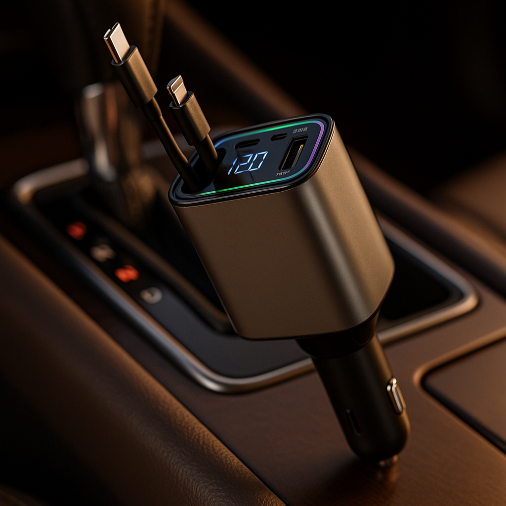 Q9 120W Retractable 4 in 1 Car Fast Charger | Type C + iOS | Retractable Car Phone Charger Compatible with Smart All Phones