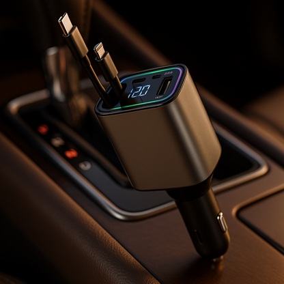 Q9 120W Retractable 4 in 1 Car Fast Charger | Type C + iOS | Retractable Car Phone Charger Compatible with Smart All Phones