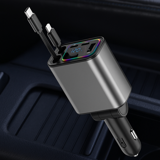 Q9 120W Retractable 4 in 1 Car Fast Charger | Type C + iOS | Retractable Car Phone Charger Compatible with Smart All Phones