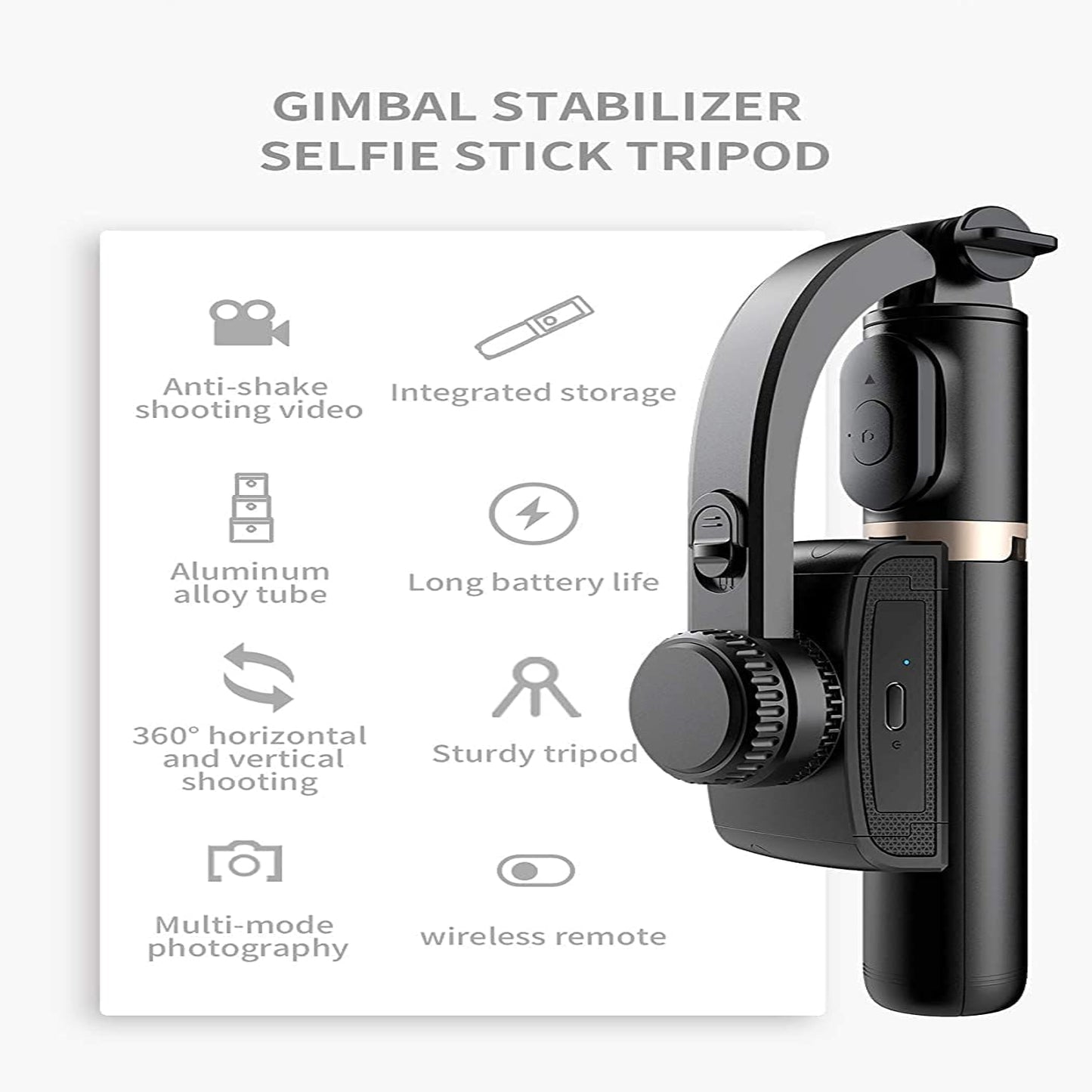 Q08 Mini Gimbal Anti-Shake 1-Axis STABILIZER Extendable Selfie Stick Tripod | Wireless Remote for Smartphone | Black
