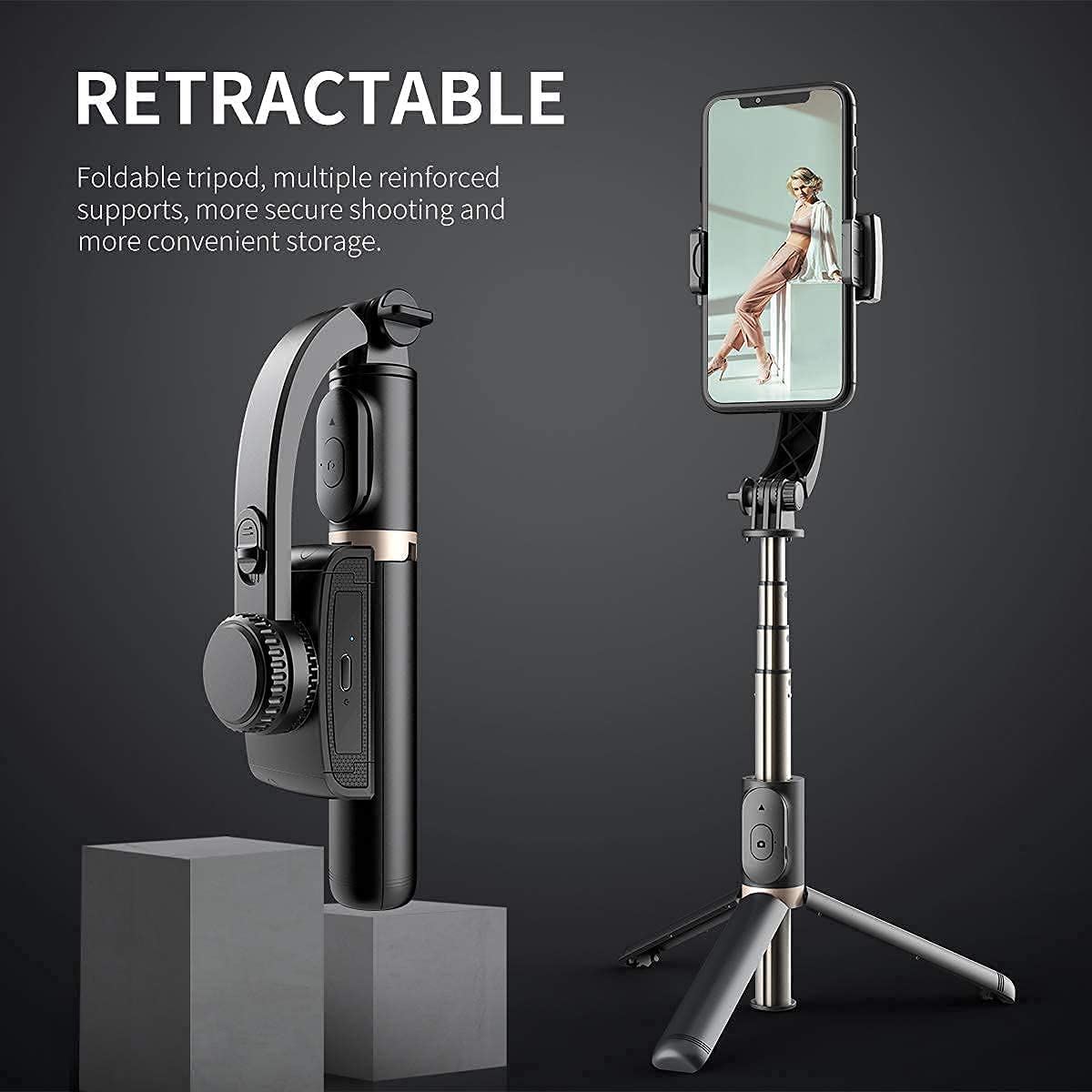 Q08 Mini Gimbal Anti-Shake 1-Axis STABILIZER Extendable Selfie Stick Tripod | Wireless Remote for Smartphone | Black