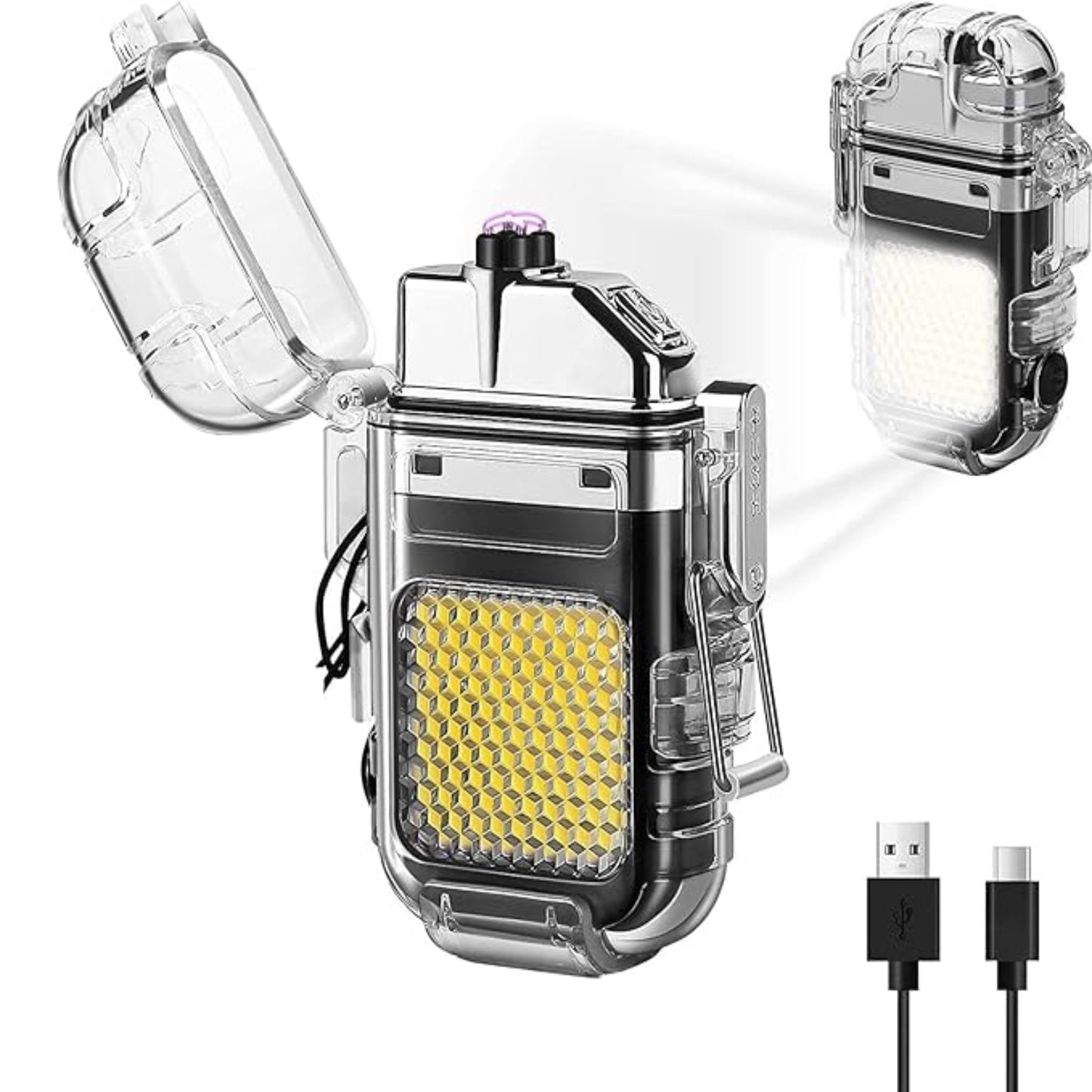 USB Rechargeable Electric Lighter with 3-in-1 COB Flashlight | Windproof, Flameless & Portable for Camping, Emergency & Daily Use.