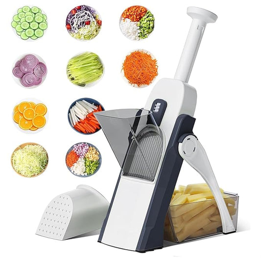 Multipurpose Slicer & Chopper with 30 cutting styles for slicing, dicing, grating veggies, fruits, and meat easily.