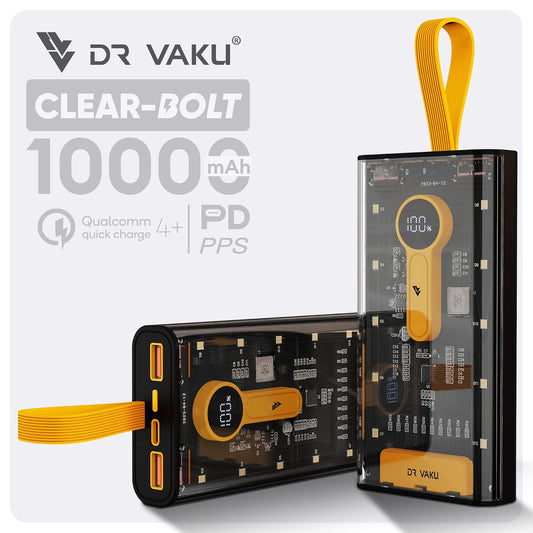 DR VAKU® 10000mAh Power Bank Clear Bolt Portable 20W PD QC Fast Charging Dual USB Port (Input & Output) Lithium Polymer Battery Power Bank