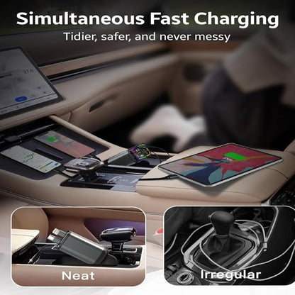 Q9 120W Retractable 4 in 1 Car Fast Charger | Type C + iOS | Retractable Car Phone Charger Compatible with Smart All Phones