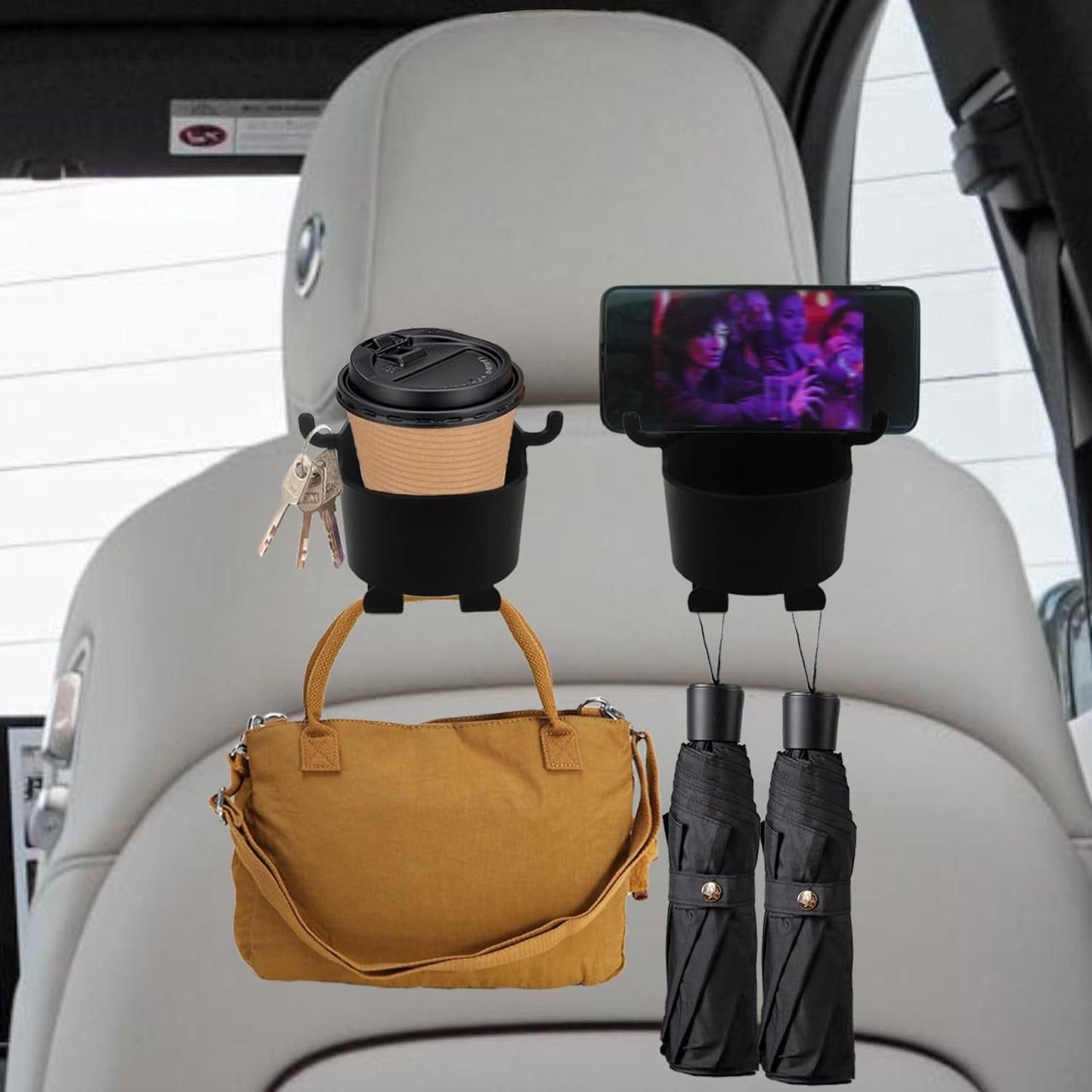 3-in-1 Car Seat Hook & Cup Holder | Hidden Hanger | Mobile Holder | Organizer & Drink Holder (2 PCS)