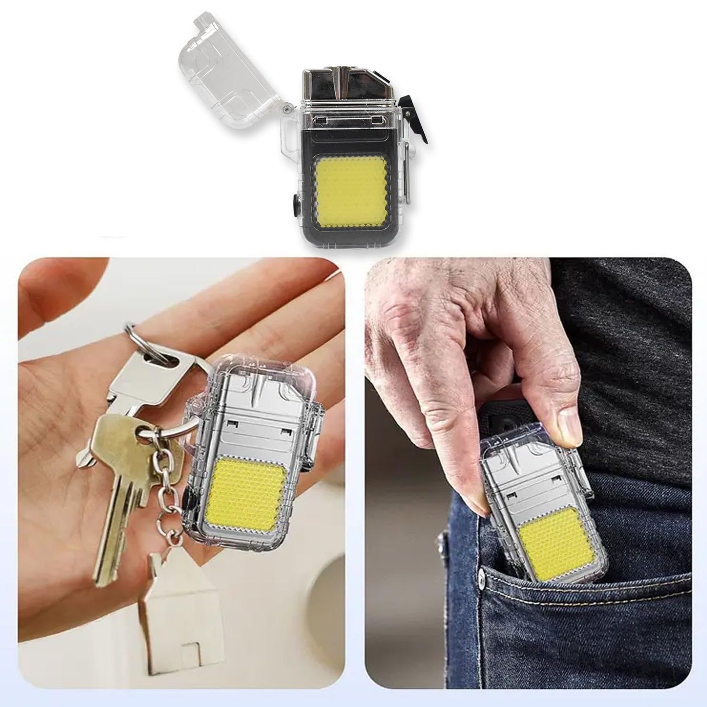 USB Rechargeable Electric Lighter with 3-in-1 COB Flashlight | Windproof, Flameless & Portable for Camping, Emergency & Daily Use.
