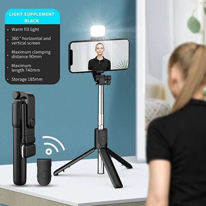 Extendable Flash 3-in-1 Selfie Stick Tripod with Bluetooth Remote | Rechargeable LED Light with Two Brighness Levels for Make up, Selfie, Vlogging & Photo Shoot
