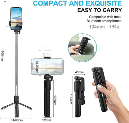 Extendable Flash 3-in-1 Selfie Stick Tripod with Bluetooth Remote | Rechargeable LED Light with Two Brighness Levels for Make up, Selfie, Vlogging & Photo Shoot