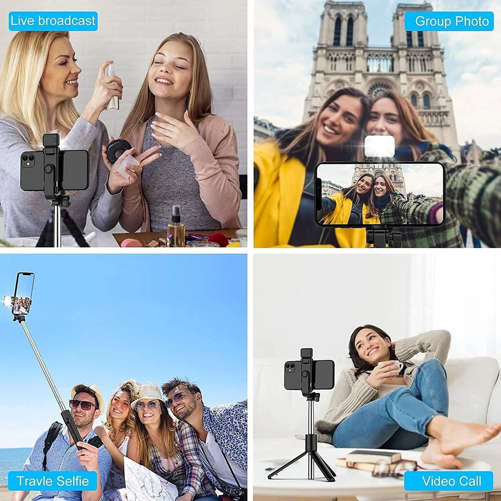 Extendable Flash 3-in-1 Selfie Stick Tripod with Bluetooth Remote | Rechargeable LED Light with Two Brighness Levels for Make up, Selfie, Vlogging & Photo Shoot