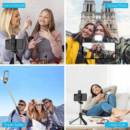 Extendable Flash 3-in-1 Selfie Stick Tripod with Bluetooth Remote | Rechargeable LED Light with Two Brighness Levels for Make up, Selfie, Vlogging & Photo Shoot